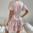 Women V neck Dress Elegant Puff Short Sleeves Ruffle Mid Skirt Elastic Waist Solid Color Pullover Dress pink S