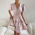Women V neck Dress Elegant Puff Short Sleeves Ruffle Mid Skirt Elastic Waist Solid Color Pullover Dress pink S