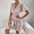 Women V neck Dress Elegant Puff Short Sleeves Ruffle Mid Skirt Elastic Waist Solid Color Pullover Dress pink S