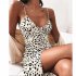 Women V neck Dress Sexy Spaghetti Strap Leopard Print A line Skirt Summer High Waist Sleeveless Mid Skirt Khaki XXL