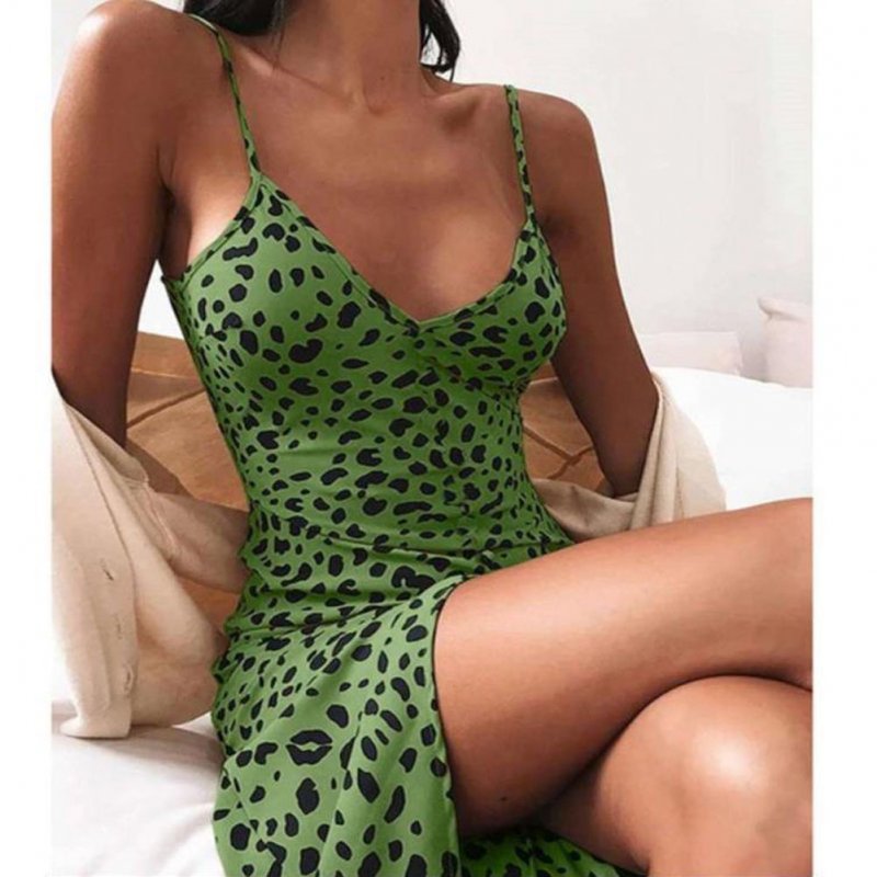 Women V-neck Dress Sexy Spaghetti Strap Leopard Print A-line Skirt Summer High Waist Sleeveless Mid Skirt green M