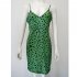 Women V neck Dress Sexy Spaghetti Strap Leopard Print A line Skirt Summer High Waist Sleeveless Mid Skirt green XL