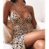Women V neck Dress Sexy Spaghetti Strap Leopard Print A line Skirt Summer High Waist Sleeveless Mid Skirt green XL