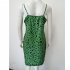 Women V neck Dress Sexy Spaghetti Strap Leopard Print A line Skirt Summer High Waist Sleeveless Mid Skirt green XL