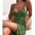 Women V neck Dress Sexy Spaghetti Strap Leopard Print A line Skirt Summer High Waist Sleeveless Mid Skirt green M
