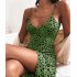 Women V neck Dress Sexy Spaghetti Strap Leopard Print A line Skirt Summer High Waist Sleeveless Mid Skirt green XL