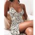 Women V neck Dress Sexy Spaghetti Strap Leopard Print A line Skirt Summer High Waist Sleeveless Mid Skirt green XL