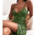 Women V neck Dress Sexy Spaghetti Strap Leopard Print A line Skirt Summer High Waist Sleeveless Mid Skirt green XL