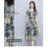 Women V neck Dress Short Sleeves Trendy Elegant Floral Printing Mid length Skirt High Waist Pullover A line Skirt ink color 2XL