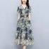 Women V neck Dress Short Sleeves Trendy Elegant Floral Printing Mid length Skirt High Waist Pullover A line Skirt ink color XL