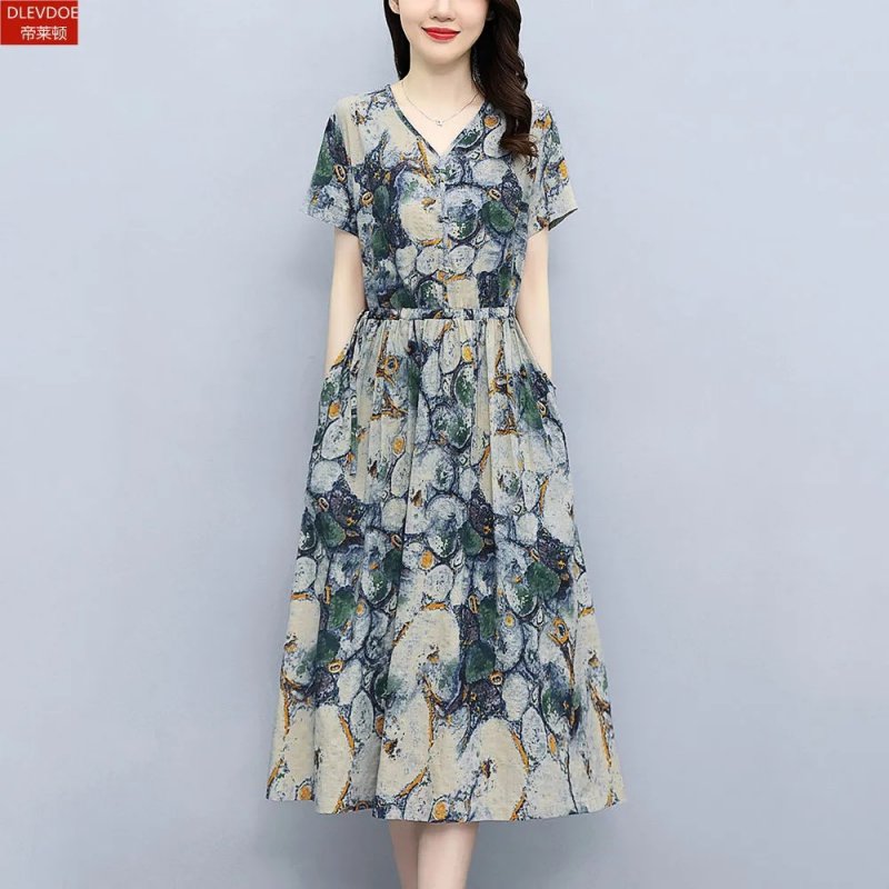 Women V-neck Dress Short Sleeves Trendy Elegant Floral Printing Mid-length Skirt High Waist Pullover A-line Skirt ink color 2XL