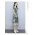 Women V neck Dress Short Sleeves Trendy Elegant Floral Printing Mid length Skirt High Waist Pullover A line Skirt ink color XL
