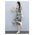 Women V neck Dress Short Sleeves Trendy Elegant Floral Printing Mid length Skirt High Waist Pullover A line Skirt ink color 2XL