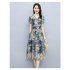 Women V neck Dress Short Sleeves Trendy Elegant Floral Printing Mid length Skirt High Waist Pullover A line Skirt ink color 3XL