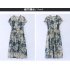 Women V neck Dress Short Sleeves Trendy Elegant Floral Printing Mid length Skirt High Waist Pullover A line Skirt ink color 4XL