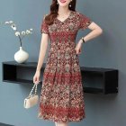 Women V-neck Dress Summer Ice Silk Short Sleeves A-line Skirt Large Size Loose Casual Dress red M