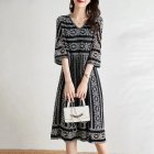Women V-neck Dress Trendy Geometric Printing A-line Skirt Casual Half Sleeves High Waist Mid-length Skirt black L