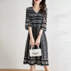 Women V neck Dress Trendy Geometric Printing A line Skirt Casual Half Sleeves High Waist Mid length Skirt black M