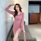 Women V-neck Long Sleeves Dress Fashion High Waist Hooded Bodycon Skirt Elegant Solid Color Pullover Dress Pink S