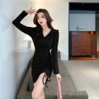 Women V-neck Long Sleeves Dress Fashion High Waist Hooded Bodycon Skirt Elegant Solid Color Pullover Dress black S