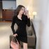 Women V neck Long Sleeves Dress Fashion High Waist Hooded Bodycon Skirt Elegant Solid Color Pullover Dress black XL