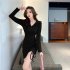 Women V neck Long Sleeves Dress Fashion High Waist Hooded Bodycon Skirt Elegant Solid Color Pullover Dress black XL