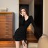 Women V neck Long Sleeves Dress Fashion High Waist Hooded Bodycon Skirt Elegant Solid Color Pullover Dress black XL
