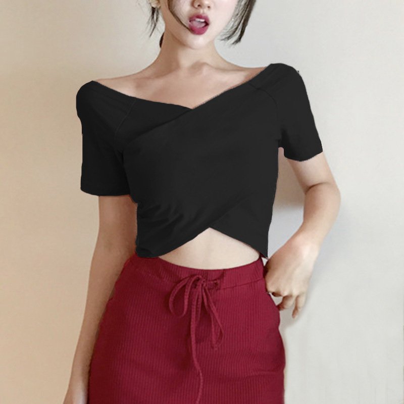 Women V-neck Navel Exposed Short Sleeve Solid Color T-shirt