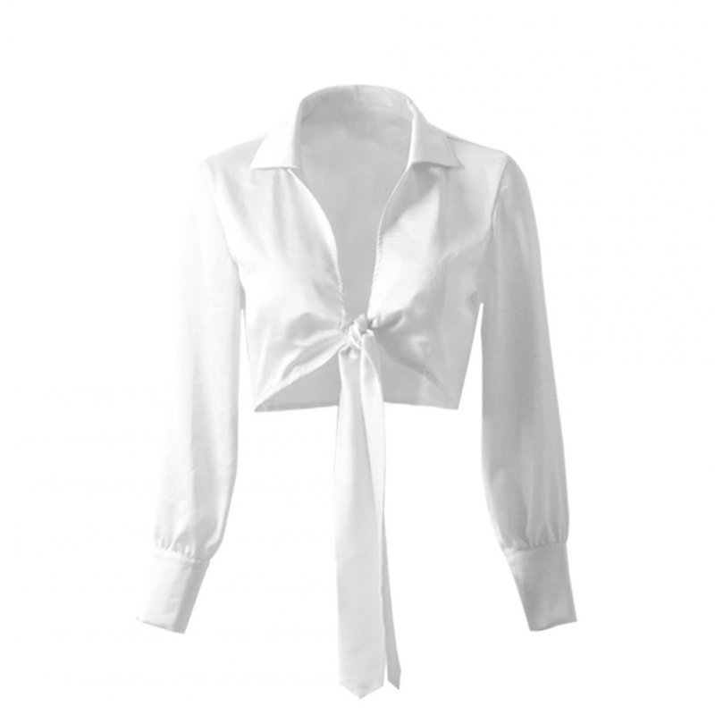 Women V-neck Satin Tops Long-sleeved Bowknot Tie Fashion Crop Top Blouse 8207-2 white_S