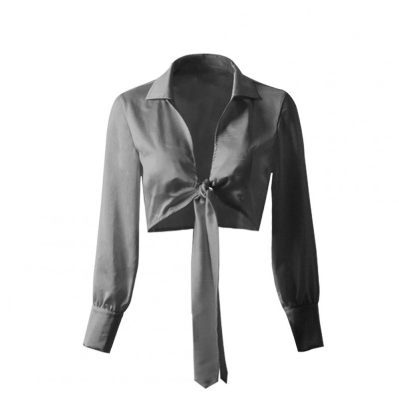 Women V-neck Satin Tops Long-sleeved Bowknot Tie Fashion Crop Top Blouse 8207-3 black_L