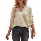 Women V-neck Shirt Casual Long Sleeves Loose Tops Simple Solid Color Pullover Tops For Date Party Beach apricot M