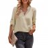 Women V neck Shirt Casual Long Sleeves Loose Tops Simple Solid Color Pullover Tops For Date Party Beach apricot L
