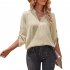 Women V neck Shirt Casual Long Sleeves Loose Tops Simple Solid Color Pullover Tops For Date Party Beach apricot L