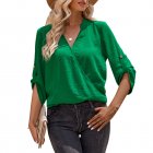 Women V-neck Shirt Casual Long Sleeves Loose Tops Simple Solid Color Pullover Tops For Date Party Beach green M