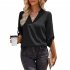 Women V neck Shirt Casual Long Sleeves Loose Tops Simple Solid Color Pullover Tops For Date Party Beach black S