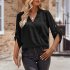 Women V neck Shirt Casual Long Sleeves Loose Tops Simple Solid Color Pullover Tops For Date Party Beach black S