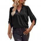 Women V-neck Shirt Casual Long Sleeves Loose Tops Simple Solid Color Pullover Tops For Date Party Beach black S