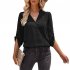 Women V neck Shirt Casual Long Sleeves Loose Tops Simple Solid Color Pullover Tops For Date Party Beach black S