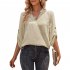 Women V neck Shirt Casual Long Sleeves Loose Tops Simple Solid Color Pullover Tops For Date Party Beach black L