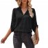 Women V neck Shirt Casual Long Sleeves Loose Tops Simple Solid Color Pullover Tops For Date Party Beach black L