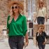Women V neck Shirt Casual Long Sleeves Loose Tops Simple Solid Color Pullover Tops For Date Party Beach black L