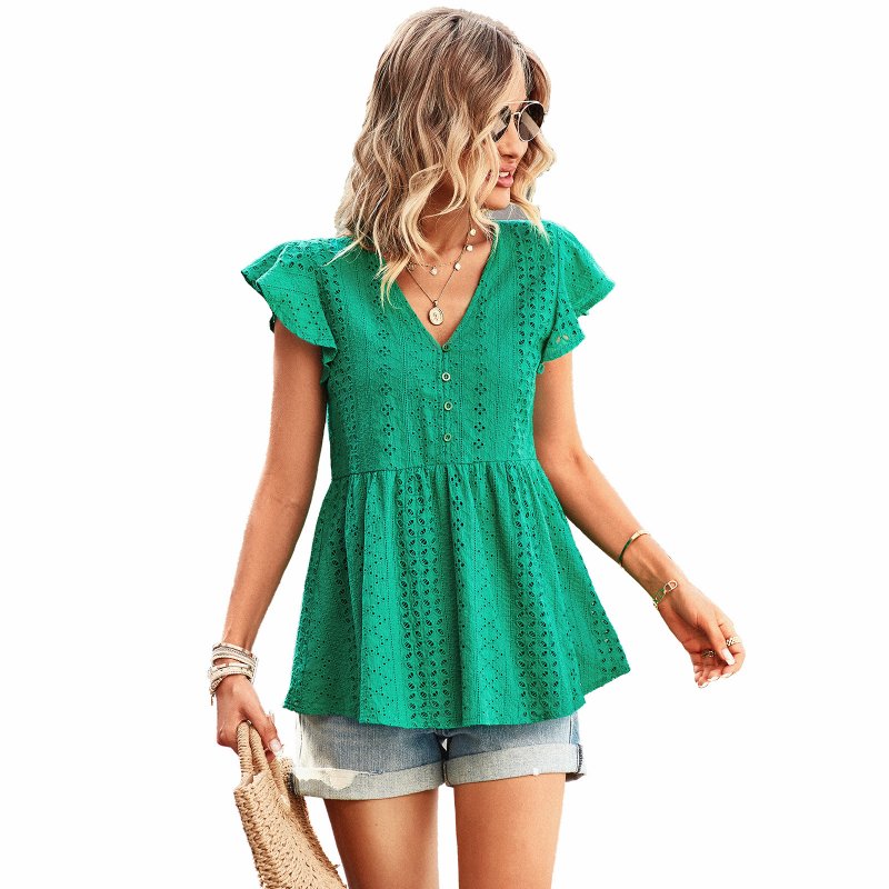 Women V-neck Short Sleeve Blouse Summer Casual Loose Hollow-out Shirt Simple Elegant Solid Color Tops green L