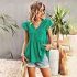 Women V neck Short Sleeve Blouse Summer Casual Loose Hollow out Shirt Simple Elegant Solid Color Tops green L