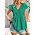 Women V neck Short Sleeve Blouse Summer Casual Loose Hollow out Shirt Simple Elegant Solid Color Tops green L
