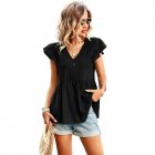 Women V-neck Short Sleeve Blouse Summer Casual Loose Hollow-out Shirt Simple Elegant Solid Color Tops black S