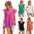 Women V neck Short Sleeve Blouse Summer Casual Loose Hollow out Shirt Simple Elegant Solid Color Tops orange L