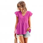 Women V-neck Short Sleeve Blouse Summer Casual Loose Hollow-out Shirt Simple Elegant Solid Color Tops rose red S