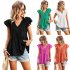 Women V neck Short Sleeve Blouse Summer Casual Loose Hollow out Shirt Simple Elegant Solid Color Tops rose red S