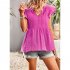 Women V neck Short Sleeve Blouse Summer Casual Loose Hollow out Shirt Simple Elegant Solid Color Tops rose red S