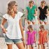 Women V neck Short Sleeve Blouse Summer Casual Loose Hollow out Shirt Simple Elegant Solid Color Tops rose red S